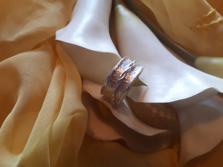Sterling silver square hammered fidget-spinner ring