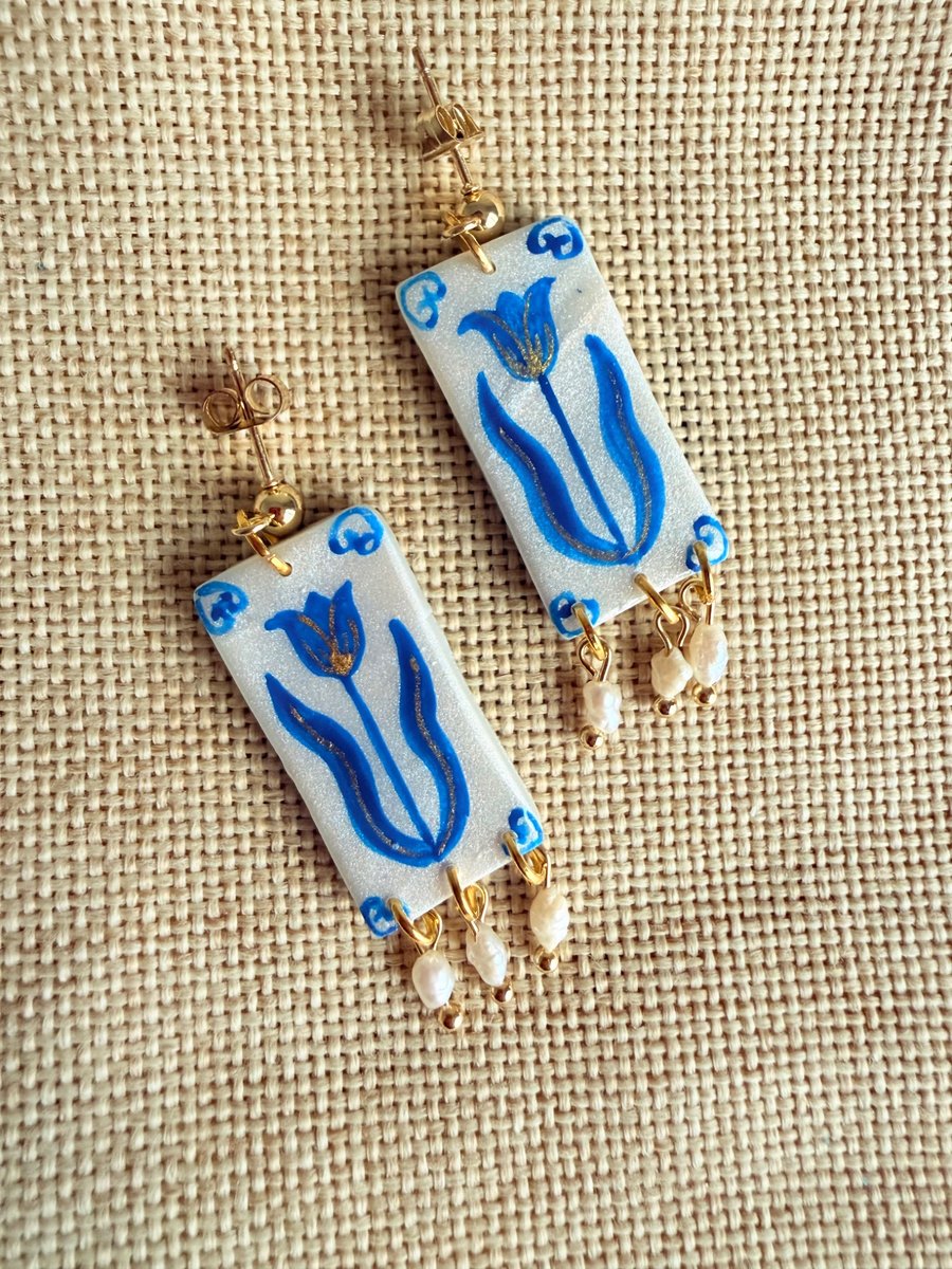 ZARA - Blue Tulip Rice Pearl Dangle Statement Earrings 
