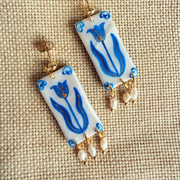 ZARA - Blue Tulip Rice Pearl Dangle Statement Earrings 