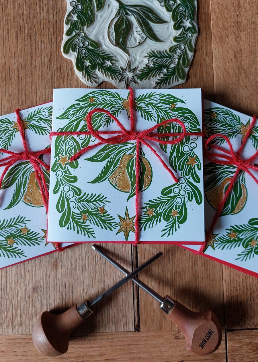 Golden Clementine Lino Print Pack of 4 Christmas Cards  