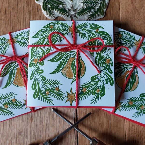 Golden Clementine Lino Print Pack of 4 Christmas Cards  