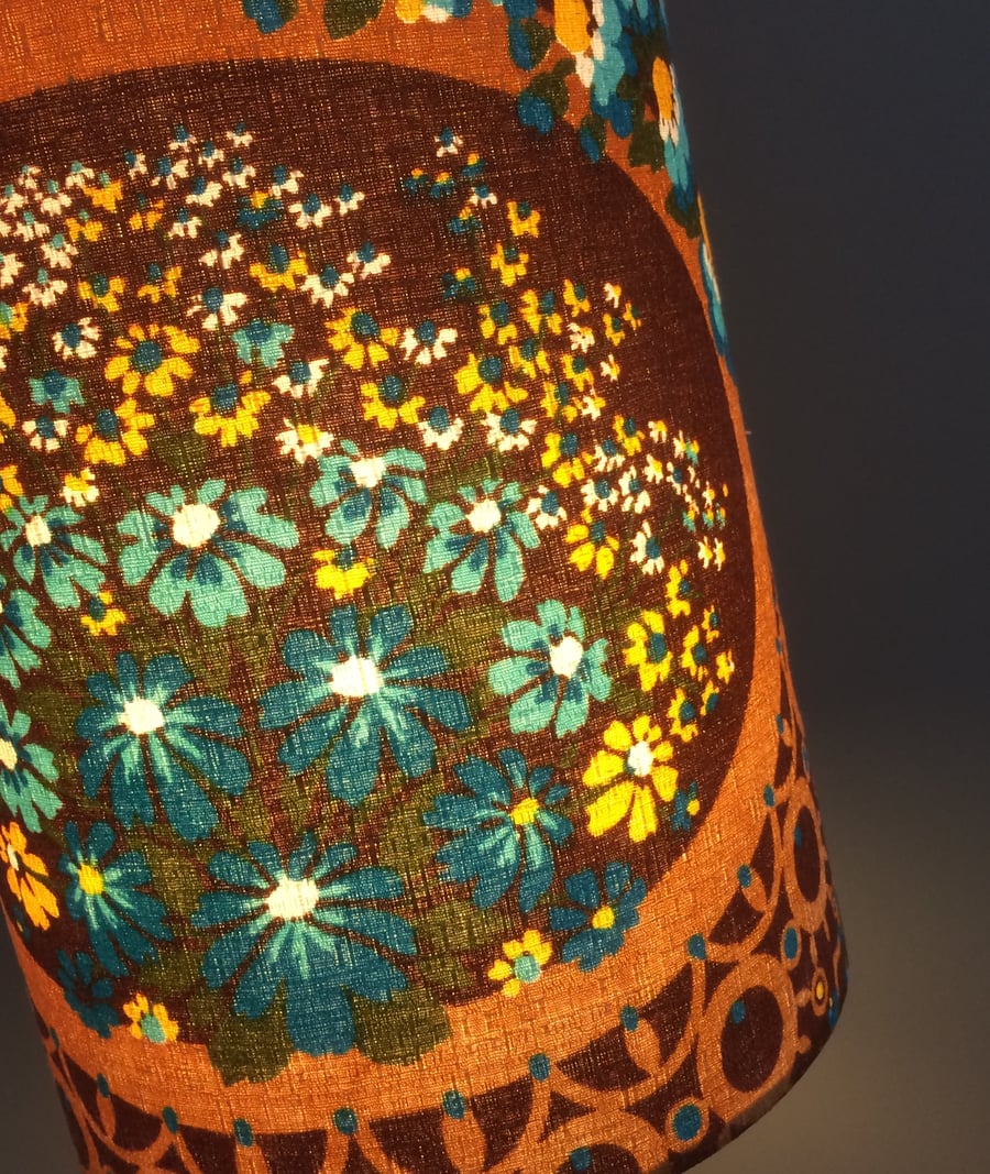 60s 70s Blue Daisies and Brown Lace Barkcloth Vintage Fabric Lampshade option 