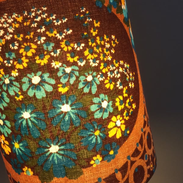 60s 70s Blue Daisies and Brown Lace Barkcloth Vintage Fabric Lampshade option 