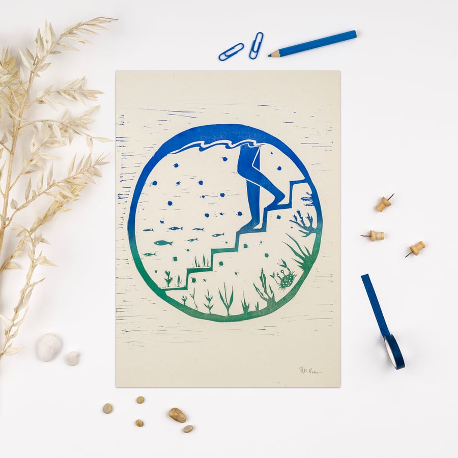 Steps-Wild swimming lino print