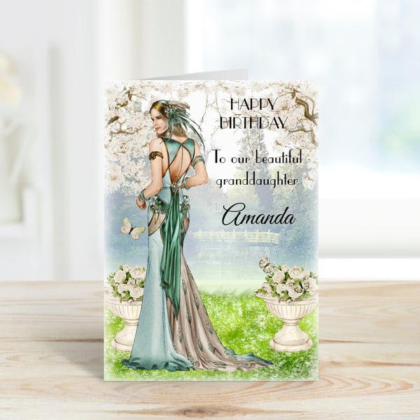 Personalised Art Deco Lady Greeting Card. Amanda. Green Dress