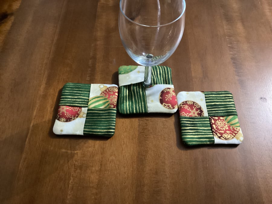 Wine Glass Coasters X 3, Christmas set of coasters, Bauble coasters.