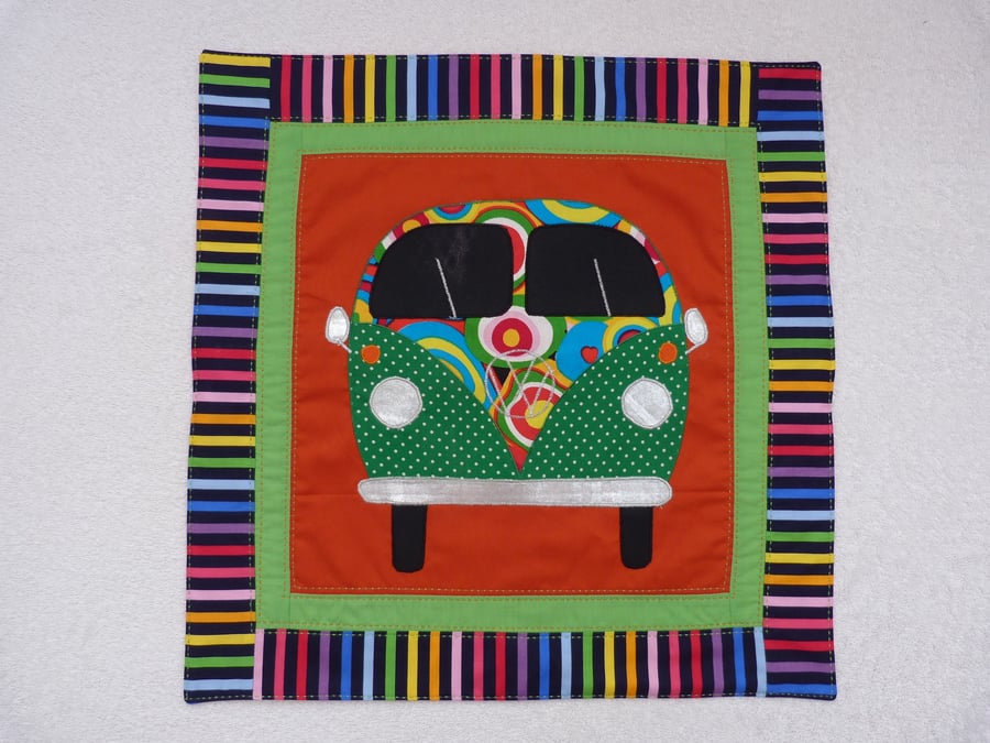 Applique VW Camper Van Cushion Cover in Orange with decorative Quilting