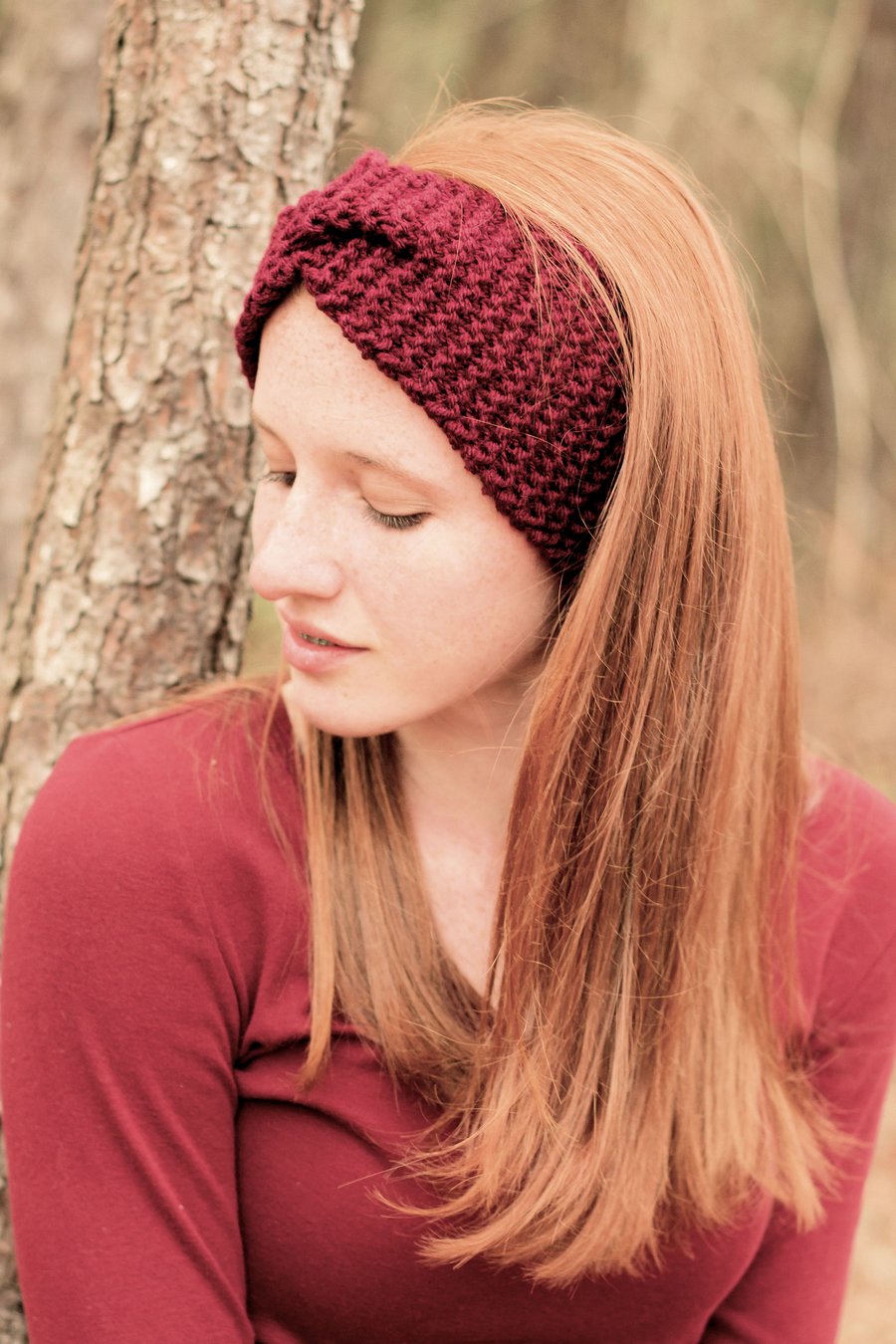 Chunky Knitted WideTurban Twist Headband Earwarmer Burgundy - Main Image