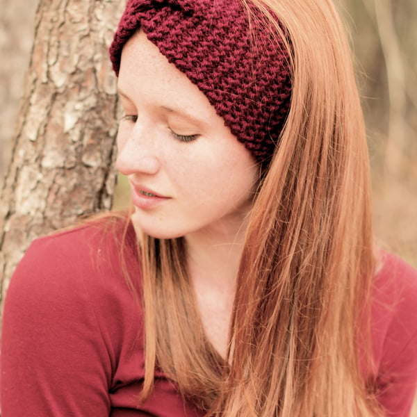 Chunky Knitted WideTurban Twist Headband Earwarmer Burgundy