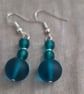 Gorgeous Sea Green Blue Frosted Glass Bead Earrings on Silver Plated Hooks