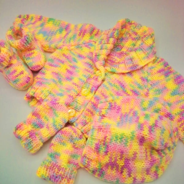 Cardigan with Shawl Collar Hat Mittens and Booties Set, Baby Shower Gift