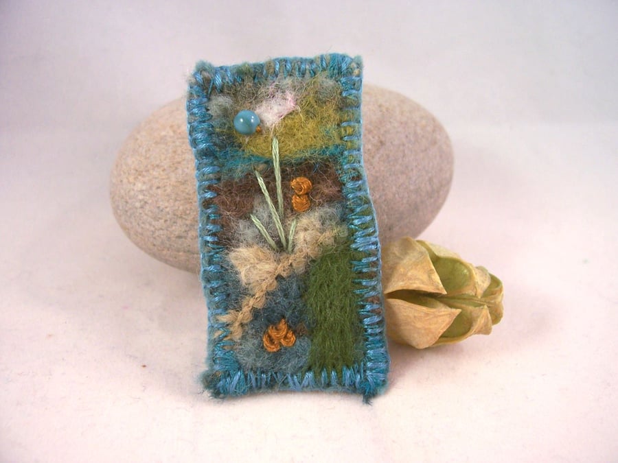 Sold. Hand embroidered needlefelt brooch - Machair