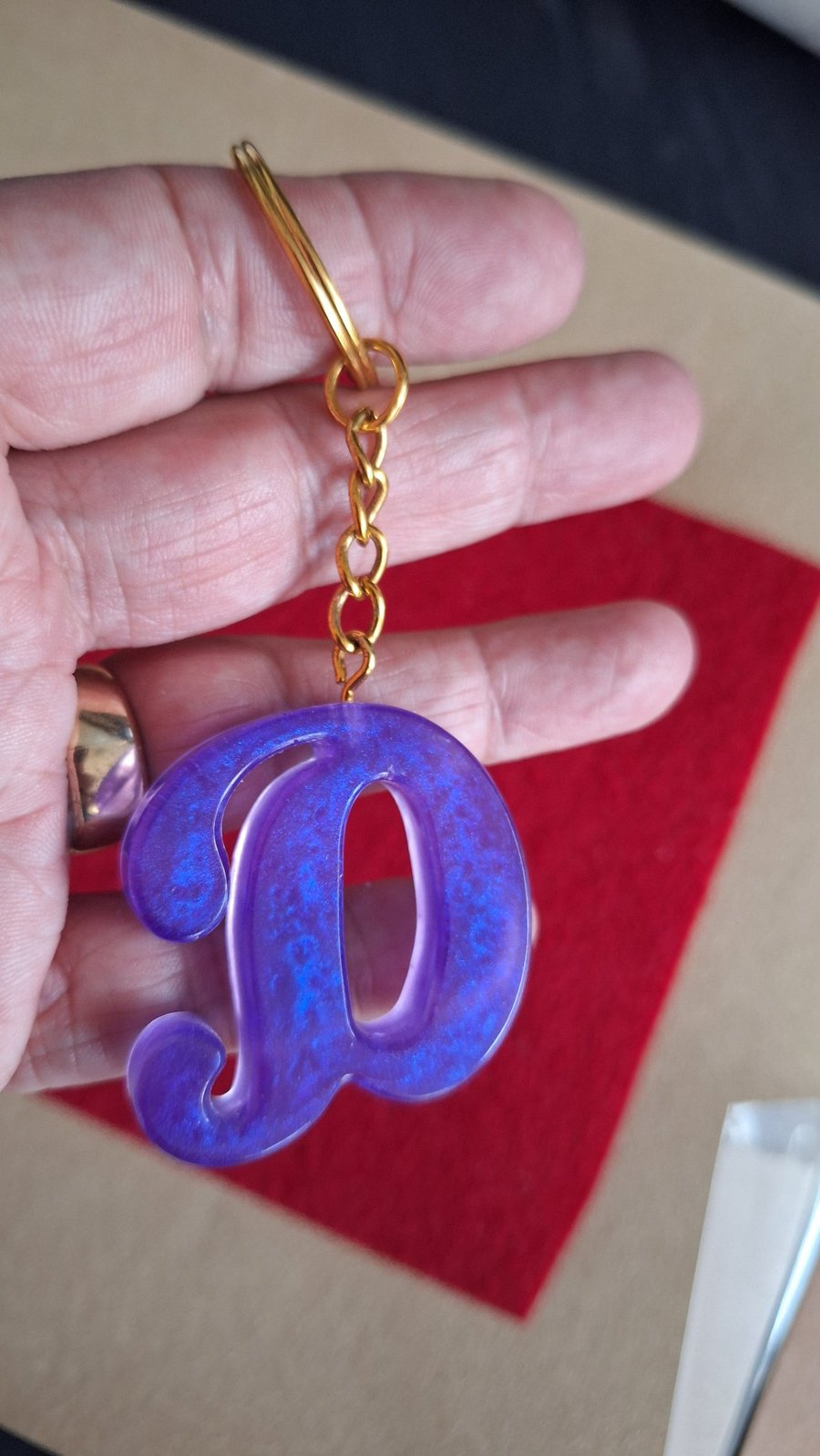 Purple resin  D initial keyring 