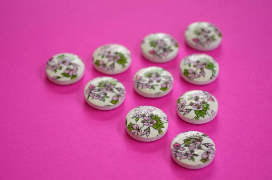 15mm Wooden Floral Buttons Pink Green 10pk Flowers (SF20)