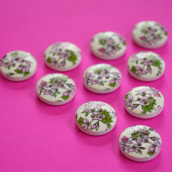 15mm Wooden Floral Buttons Pink Green 10pk Flowers (SF20)