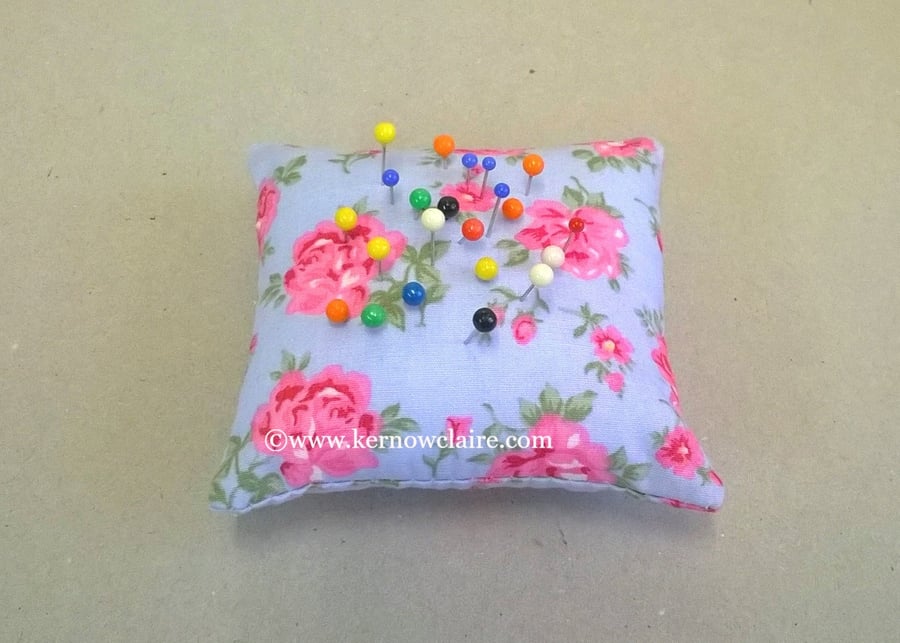 Blue pin cushion with pink flowers, small size