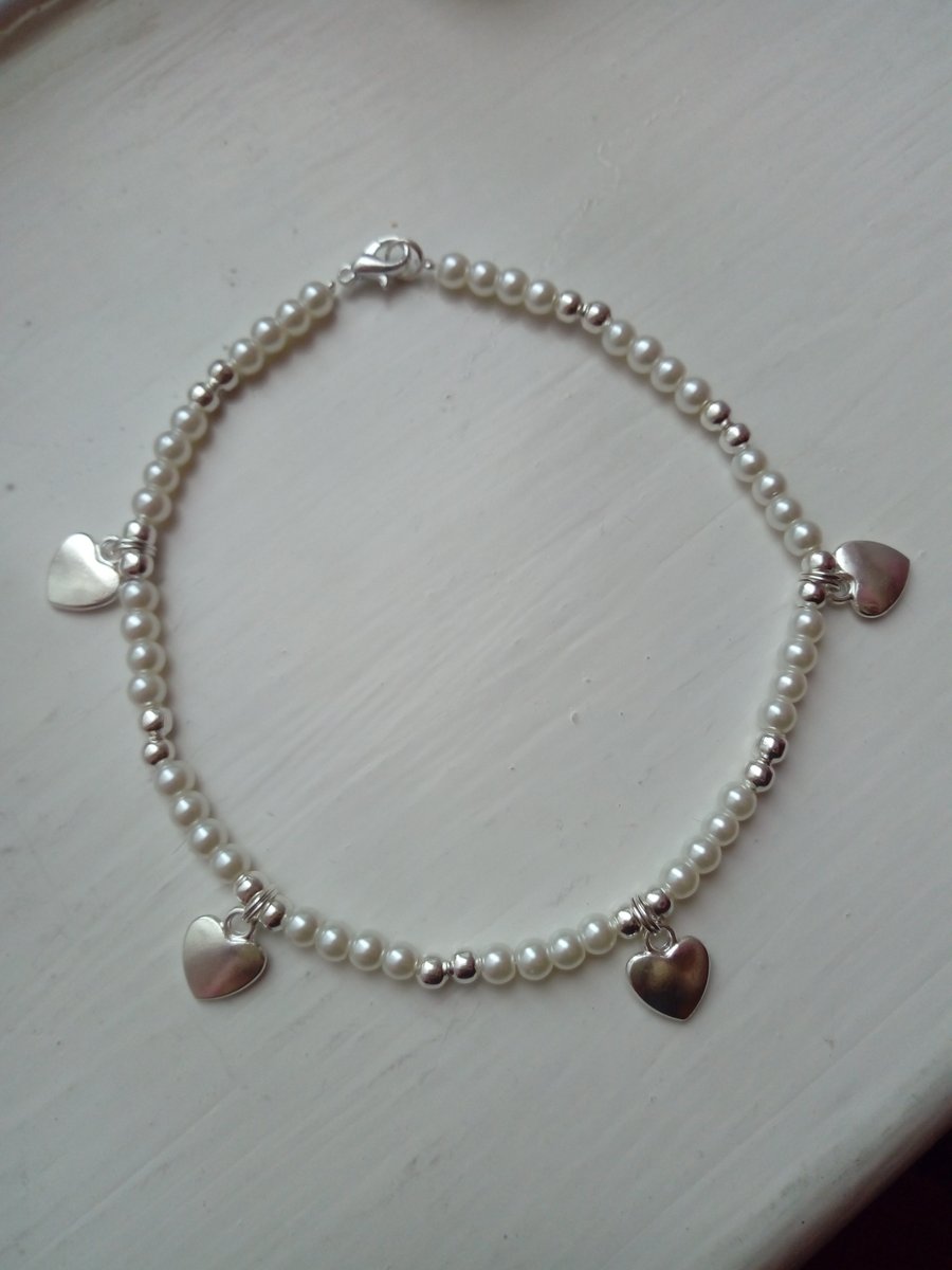  pearl & heart charm anklet