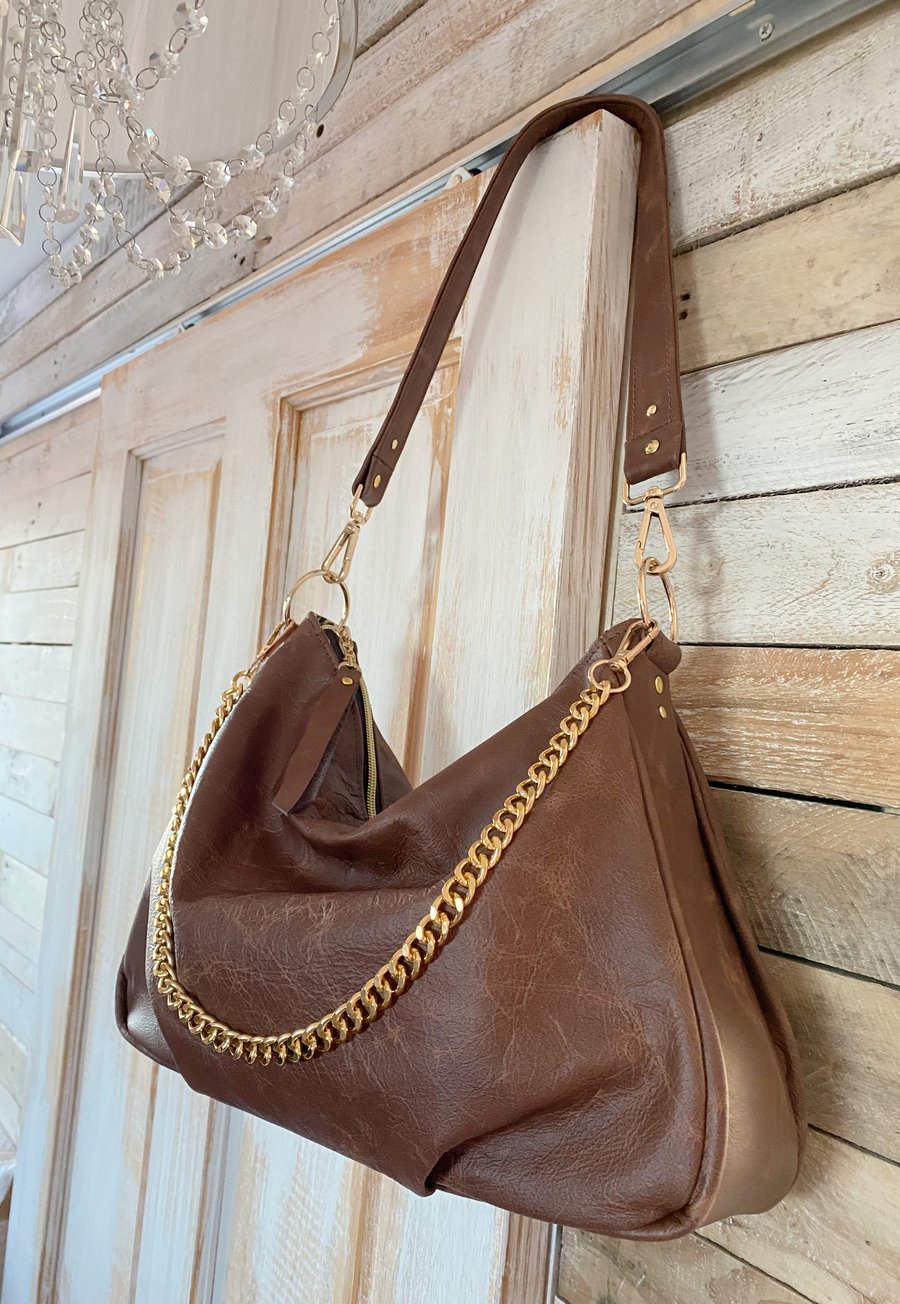 Handbag - Copper Brown Leather Shoulder Bag with Chain - Mother’s Day Gift 