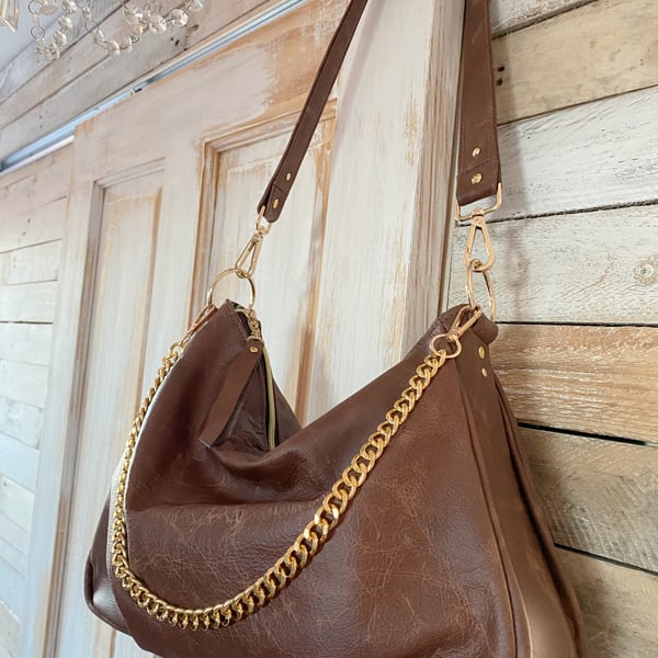 Handbag - Copper Brown Leather Shoulder Bag with Chain - Mother’s Day Gift 
