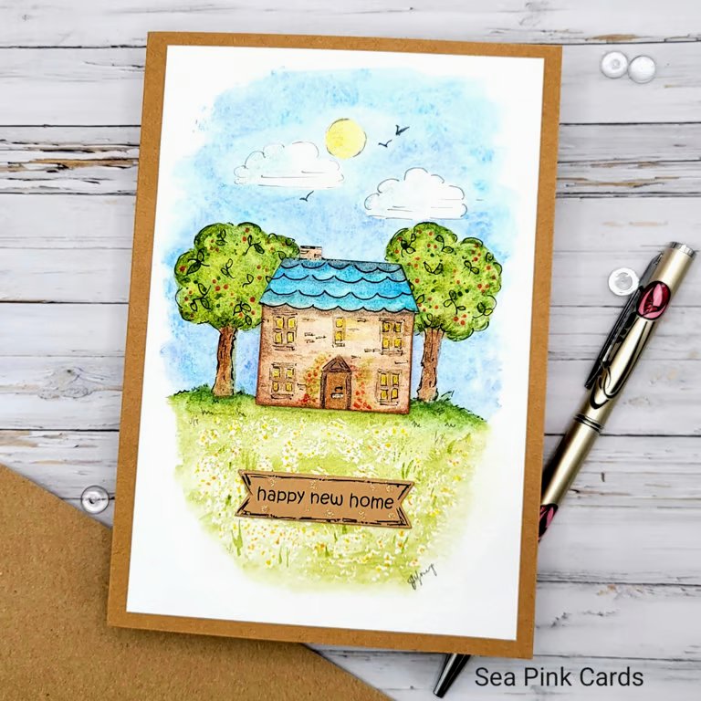 New Home Card - hand-painted, original art, cottage, apple trees