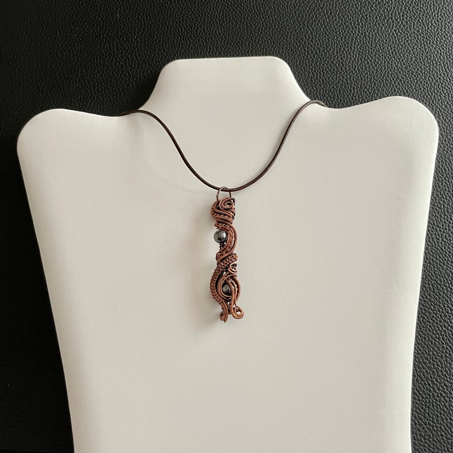 Men's Hematite Copper Pendant on an Adjustable Dark Brown Leather Cord