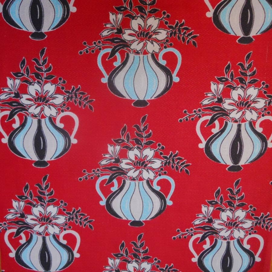 RED Kitsch 50s Atomic Vases Barkcloth VIntage Fabric Lampshade option 