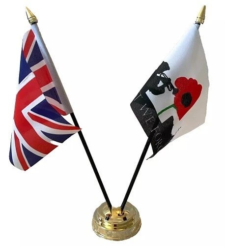 Lest We Forget Navy Poppy & Union Jack Friendship 2 Flag 12" Table Display