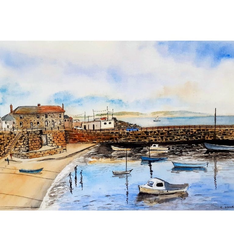 Mousehole Harbour, Cornwall Watercolour and Ink Original Painting