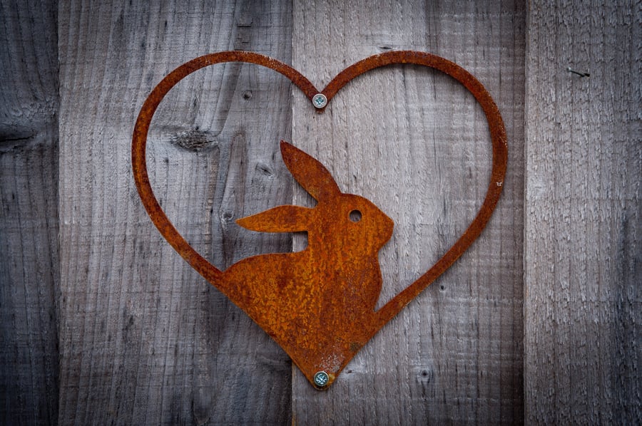 Rabbit in a Heart Metal Wall Art, Rustic Garden Fence Decoration, Memorial Gift