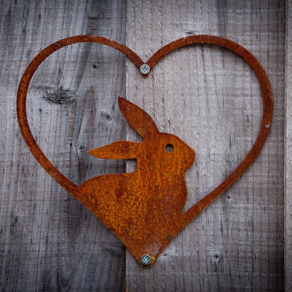 Rabbit in a Heart Metal Wall Art, Rustic Garden Fence Decoration, Memorial Gift