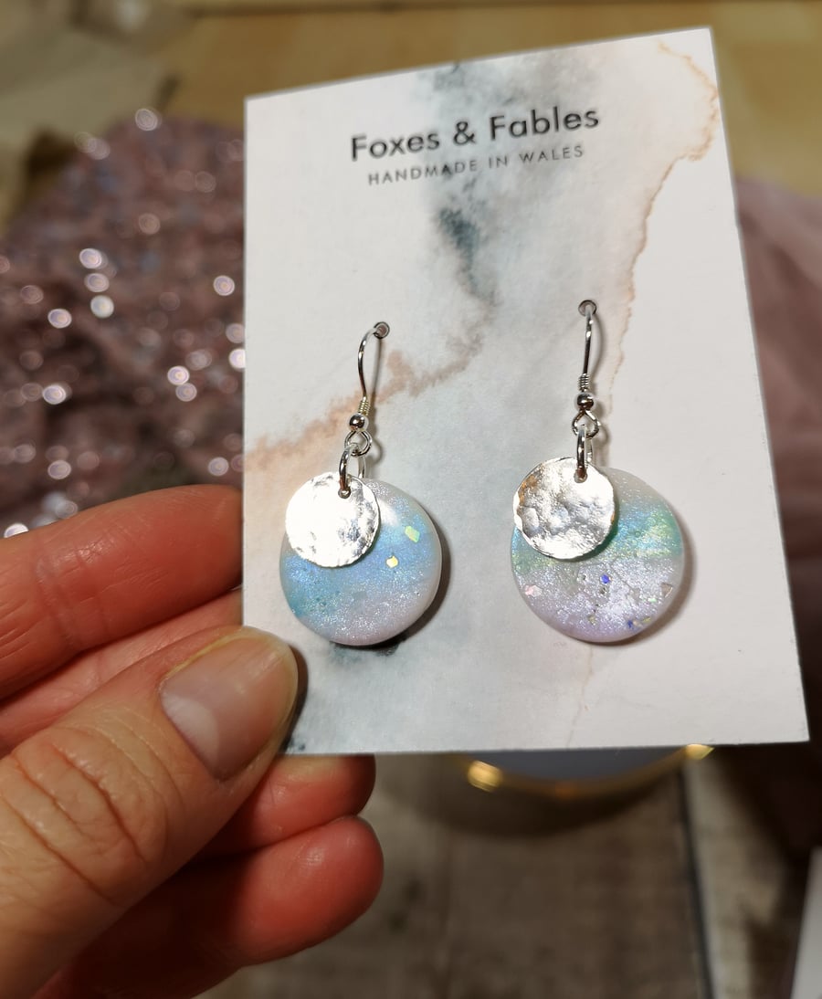 Mermaid round dropper earrings with silver discs