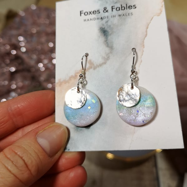 Mermaid round dropper earrings with silver discs