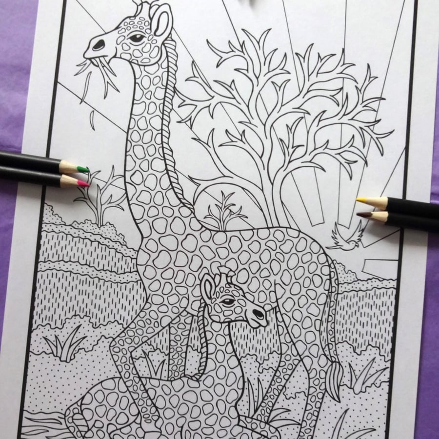 Mother & Baby Giraffe A4 Colouring Page Printable JPG by S Godwin Studio