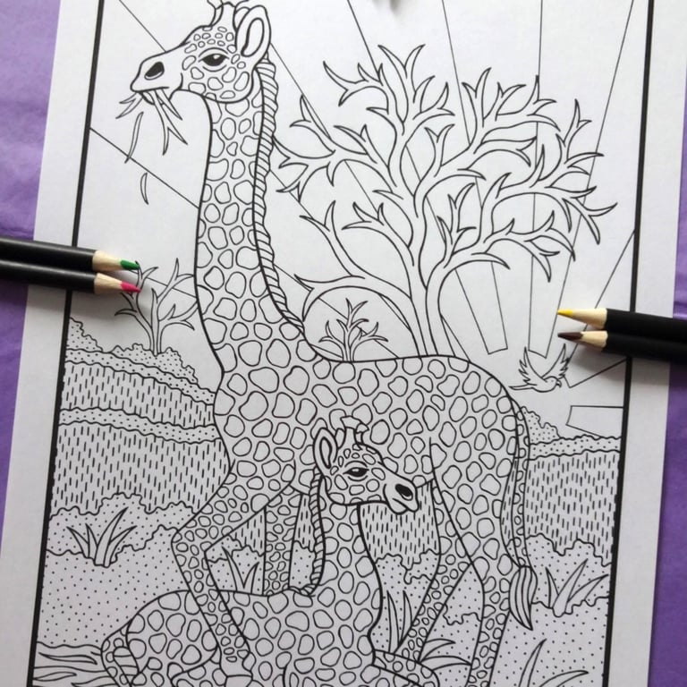 Mother & Baby Giraffe A4 Colouring Page Printable JPG by S Godwin Studio