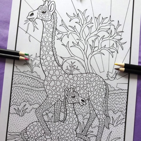 Mother & Baby Giraffe A4 Colouring Page Printable JPG by S Godwin Studio