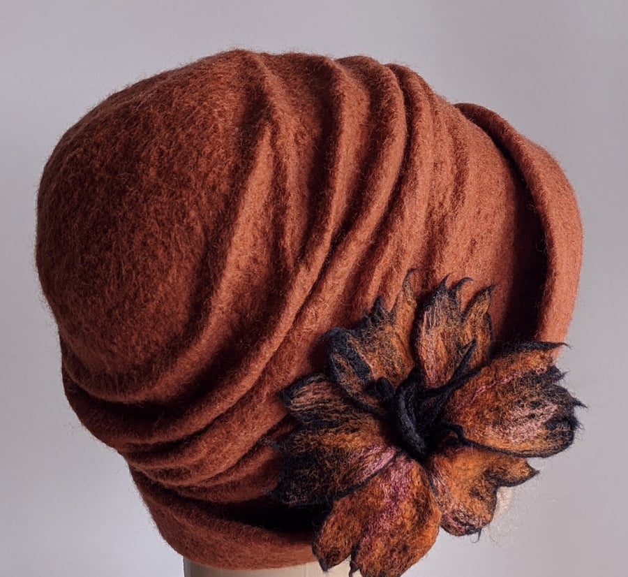 Felted wool cloche hat: Rust, double layered