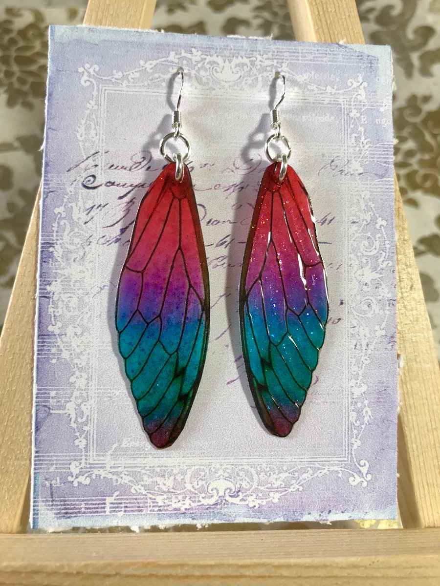 Red Purple Blue and Green Colourful Fairy Wing Sterling Silver Earrings