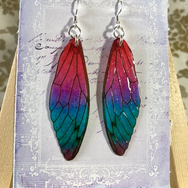 Red Purple Blue and Green Colourful Fairy Wing Sterling Silver Earrings