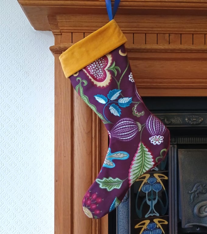 Luxury Christmas Stocking - Reclaimed and vintage textiles Plum and Gold