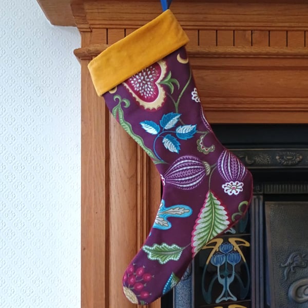 Luxury Christmas Stocking - Reclaimed and vintage textiles Plum and Gold