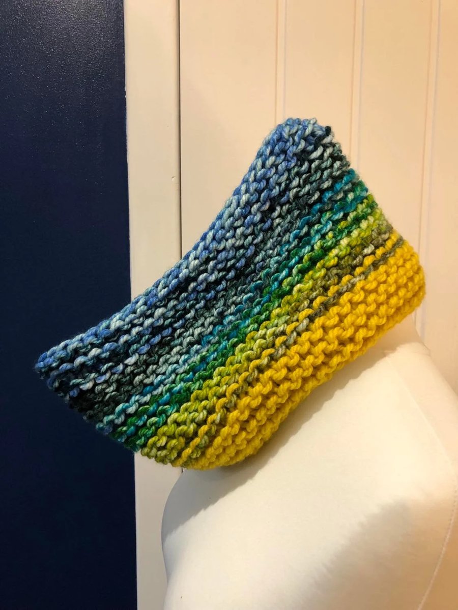 Super chunky acrylic knit handknitted cowl Blue, Yellow and Green 72cms x 20cms