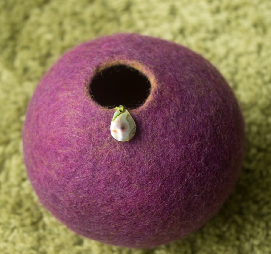 Decorative Vessel, Bowl, Felted. Purple & Green. Pau Shell Teardrop Decoration