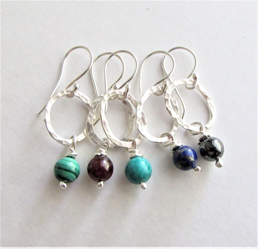 Recycled silver earrings - hoop earrings with semi precious bead drops