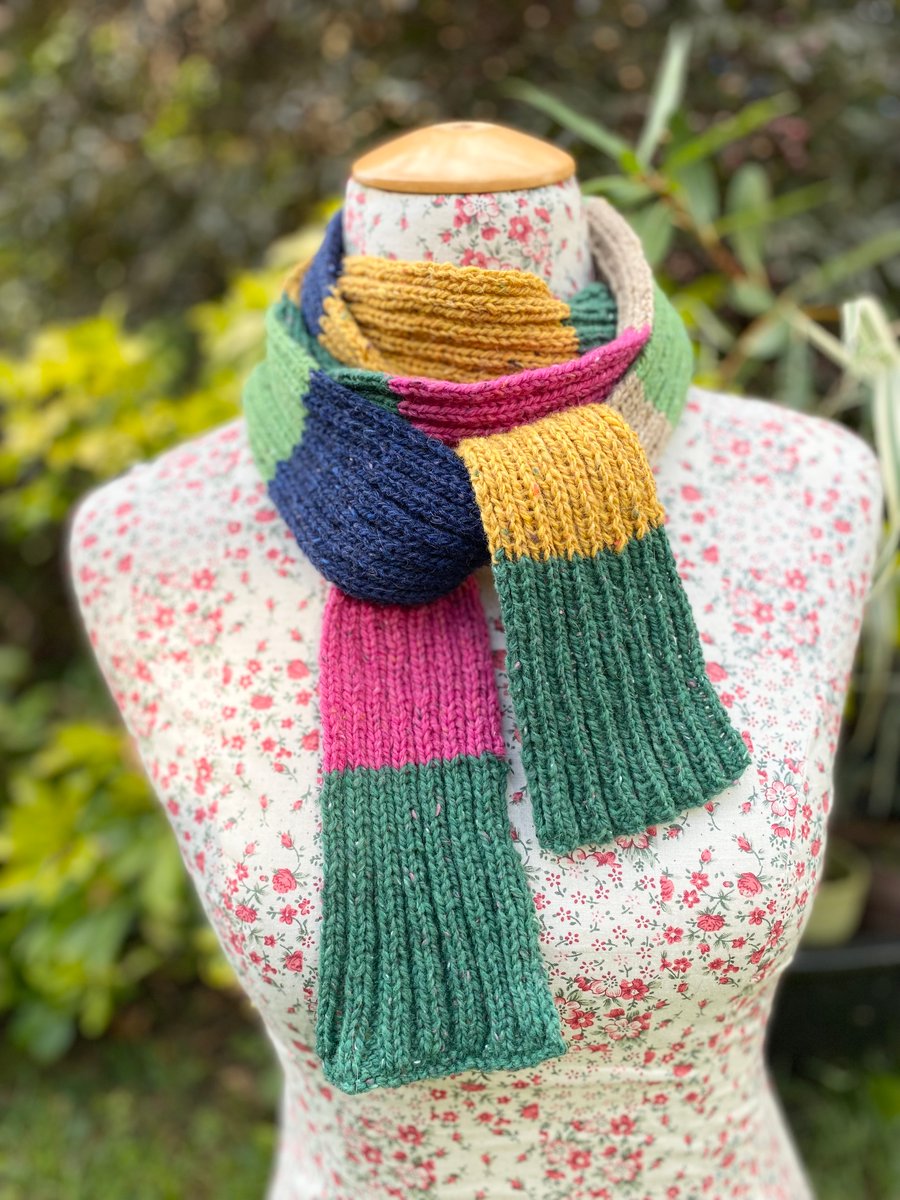 Hand Knitted Skinny Rib Scarf, Long skinny recycled wool yarn multicolour scarf