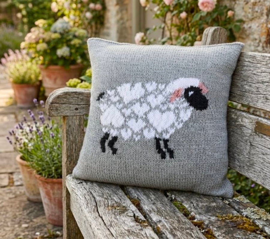 Knitting Pattern for "I Love Sheep" Cushion.  Digital Pattern