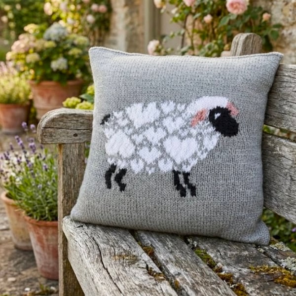 Knitting Pattern for "I Love Sheep" Cushion.  Digital Pattern