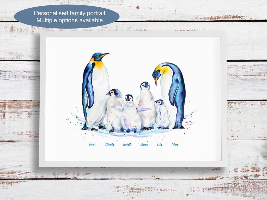 Personalised penguin family portrait - multiple print options - any name