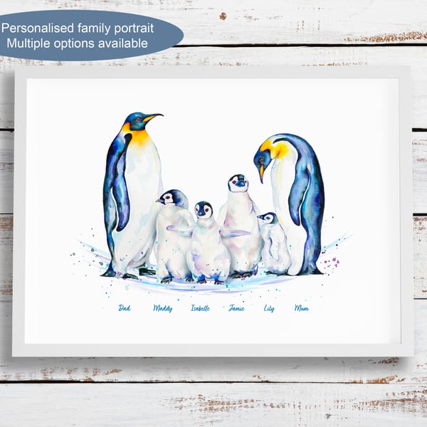 Personalised penguin family portrait - multiple print options - any name