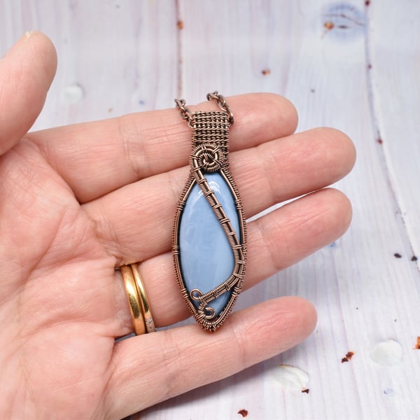 Wire Woven Owyhee Blue Opal and Copper Pendant