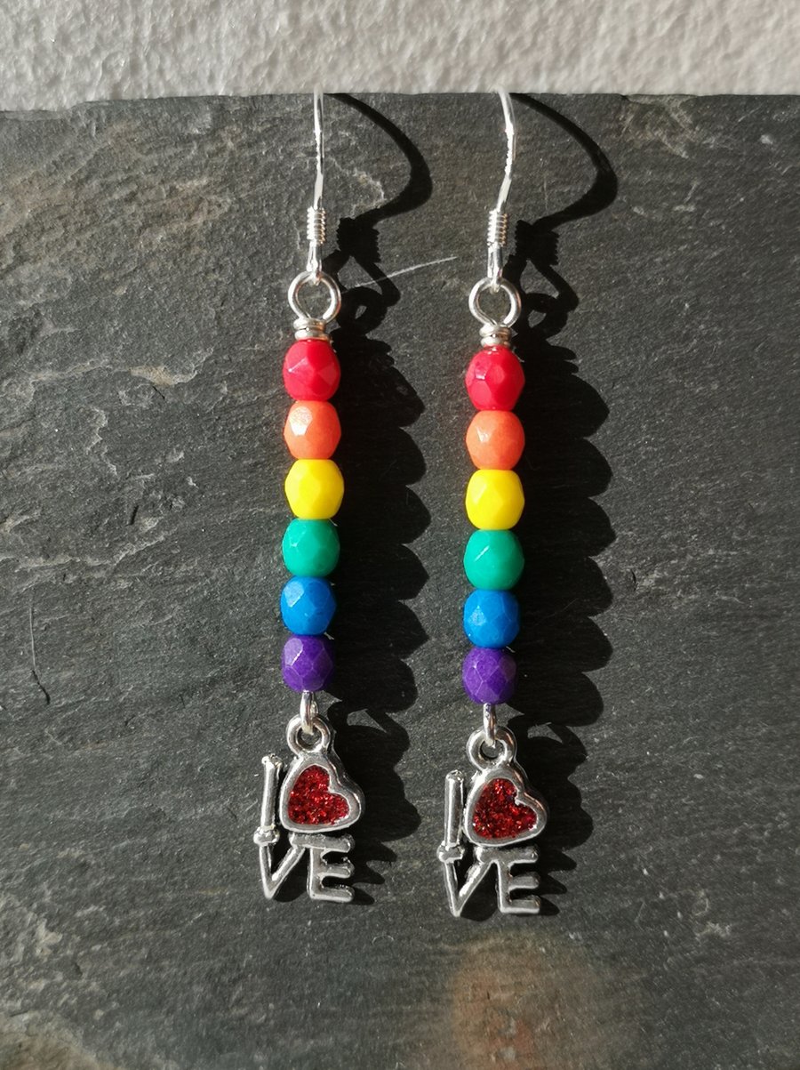 Rainbow Love Is Love earrings with sterling silver ear wires, Pride, LGBTQ 